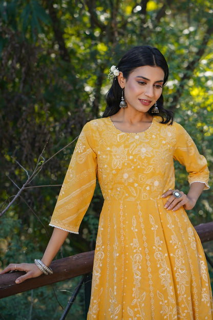 Juniper Yellow Floral Printed Georgette Maxi Dress With Beads Kantha Work & Sequins At Neckline