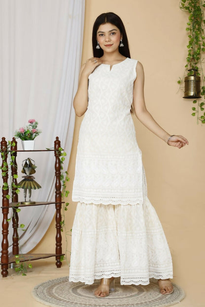 Miravan Women's Beige Embroidered Chikankari Pure Cotton Kurti With Sharara And Dupatta