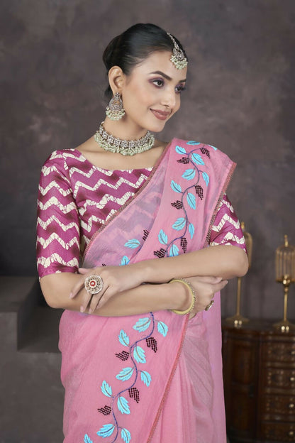 Vastranavya Pink Soft Crush Georgette Thread Embroidery work of Leaf Pattern with Patched Lace Border Saree