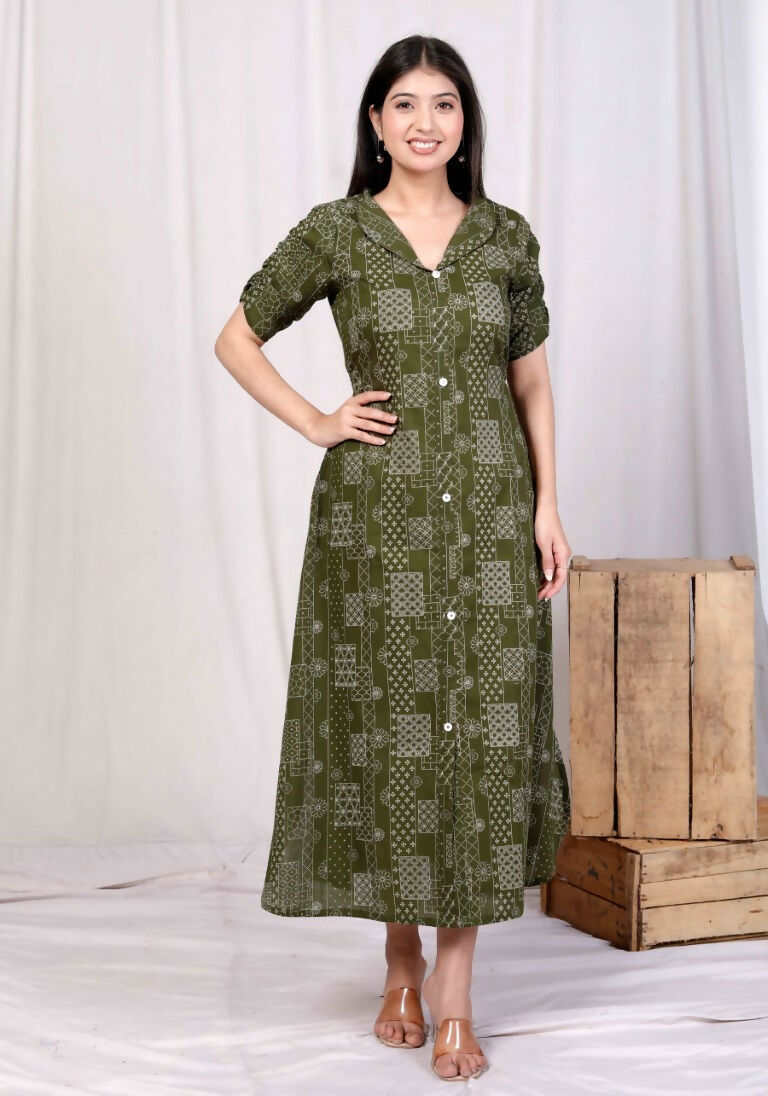 Miravan Women's Pure Cotton Floral Printed Green Button Down A-Line Midi Dress