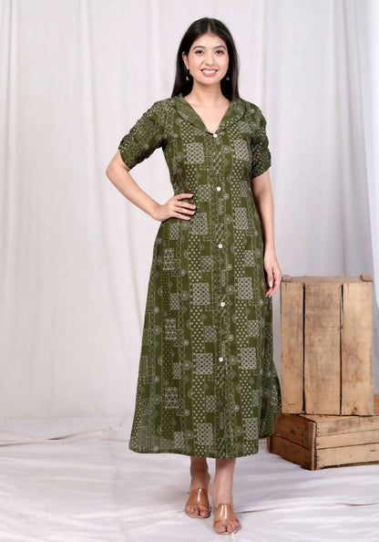 Miravan Women's Pure Cotton Floral Printed Green Button Down A-Line Midi Dress