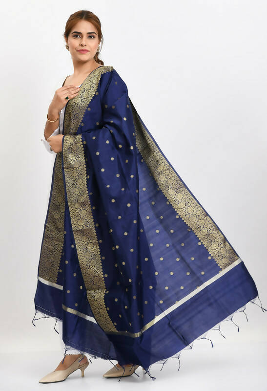 Mominos Fashion Moeza Women's Banarsi Silk Woven Design Navy Blue Dupatta