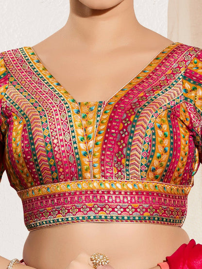 Joban Fashion Pink Multi Brocade Padded Blouse With V Neck Elbow Sleeves
