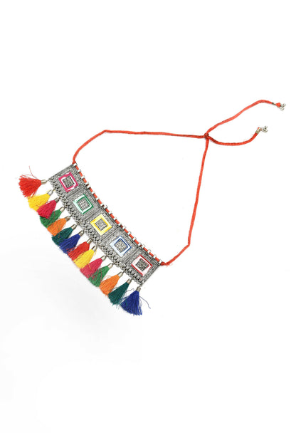 Mominos Fashion Johar Kamal Oxidised Silver-Plated Brass Finish Tassel Work Handicraft Choker For Women (Multi)