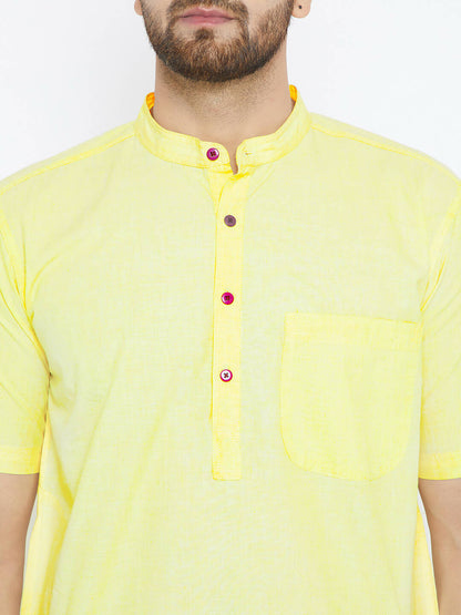 Even Apparels Yellow Color Pure Cotton Men's Kurta With Band Collar