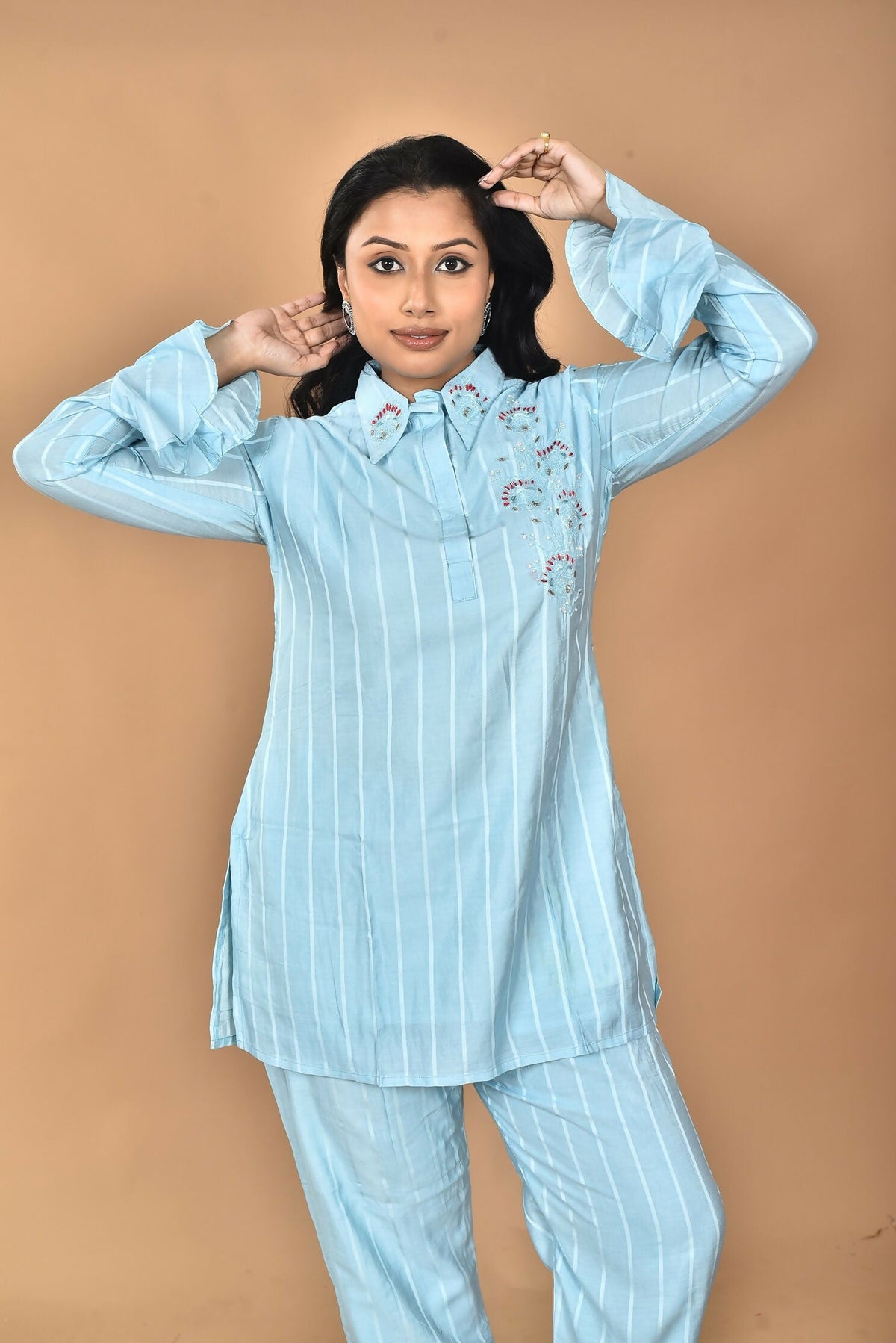 Morchari Women And Hand Embroidery Co-Ords-Sky Blue