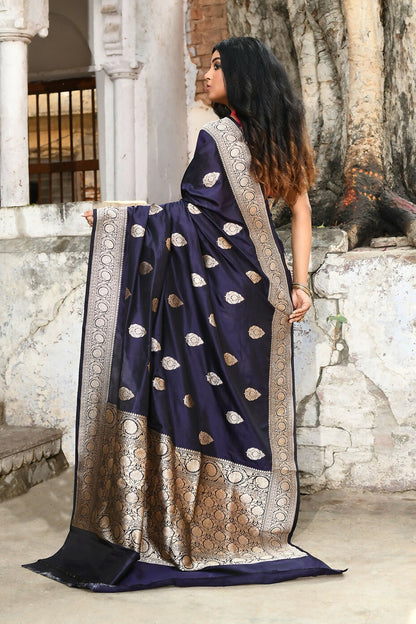 Joban Fashion Navy Blue Pure Katan Pure Handloom Banarasi Silk Saree