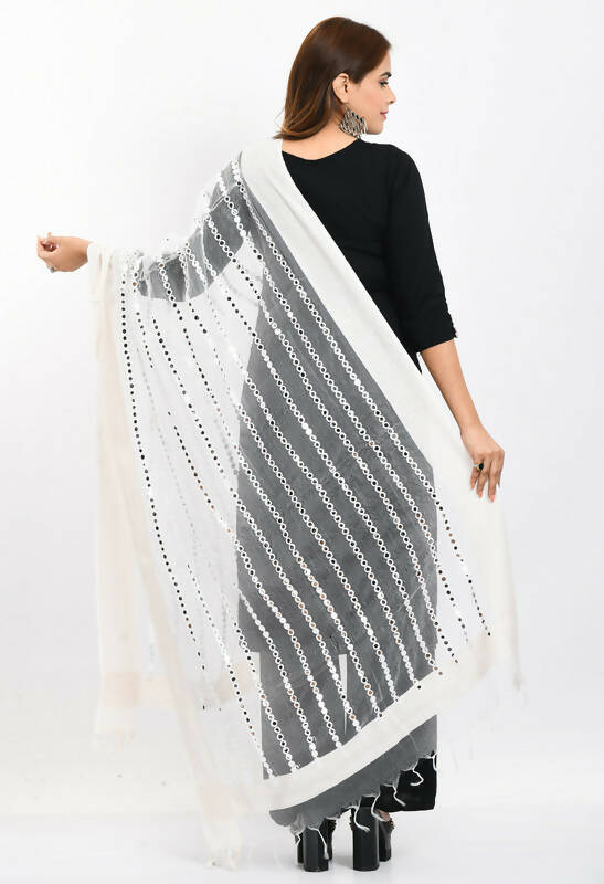 Mominos Fashion Moeza Women's Orgenza Mirror Stripe Thread Work White Dupatta
