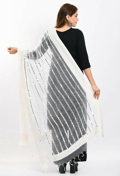 Mominos Fashion Moeza Women's Orgenza Mirror Stripe Thread Work White Dupatta