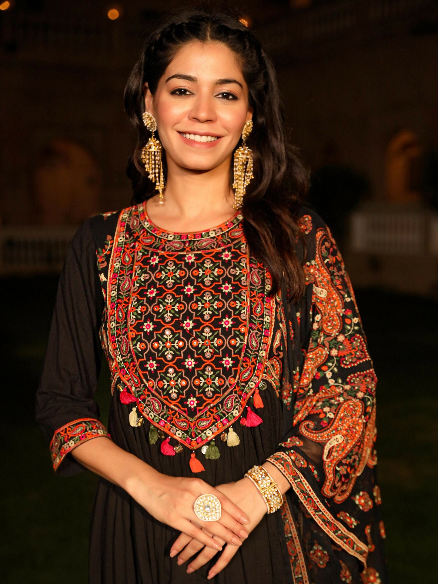 Juniper Women's Black Thread Embroidered Cotton Dress & Dupatta With Tassels & Mirror Work