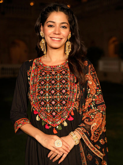 Juniper Women's Black Thread Embroidered Cotton Dress & Dupatta With Tassels & Mirror Work