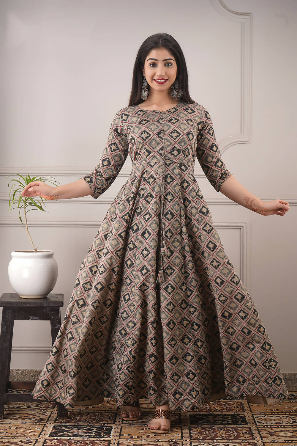 Partywear Designer Hand Screen and Foil Print Multi Pure chanderi Gown - Anbazaar