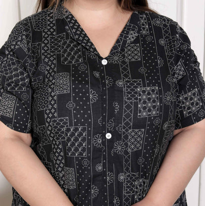Miravan Women's Plus Size Pure Cotton Black Floral Printed Front Button A-Line Kurta
