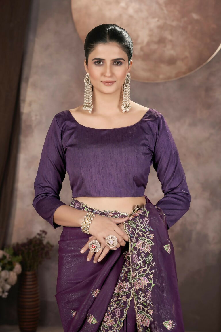 Vastranavya Gold Crunchy Multi Colour Threads Embroidery Work with Sequins Work Saree with Blouse material - Purple