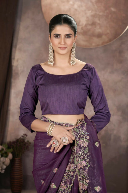 Vastranavya Gold Crunchy Multi Colour Threads Embroidery Work with Sequins Work Saree with Blouse material - Purple
