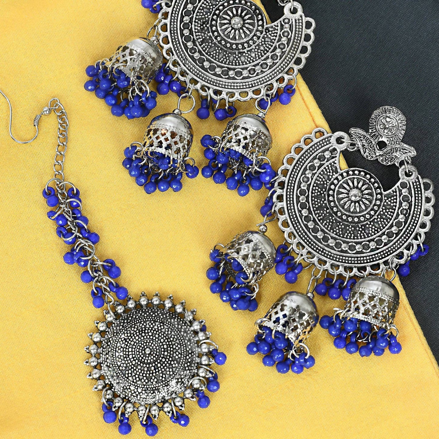 Mominos Fashion Johar Kamal Silver Jhumkas With Maang Tikka Earrings