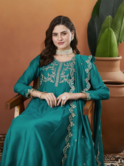 The52 Rama Women's Beautiful Vichitra Silk Fabric Embroidered Work Flared Anarkali Pant and Dupatta Set