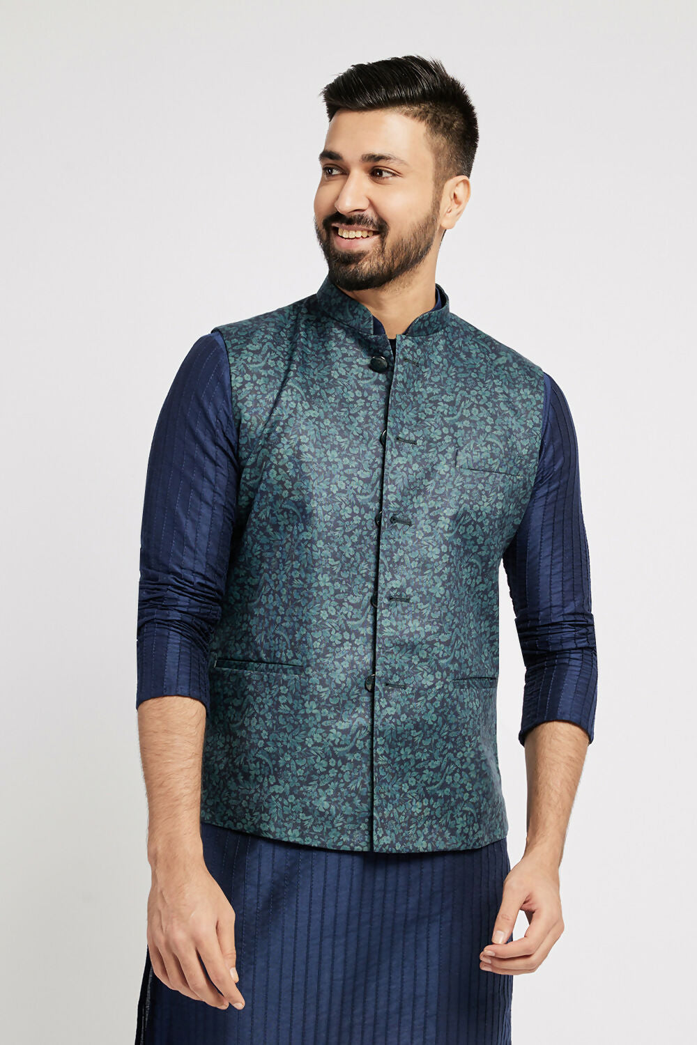 Ethnic India Navy Blue Bundi Men's Jacket Geometric Polyester