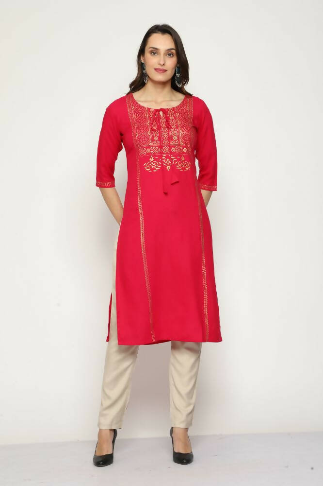 Maai Rayon Hand Printed Kurta Red