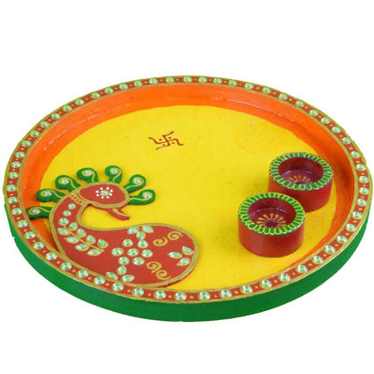 Kundan HandiKrafts Mdf Peacock Pooja Thali (Round)