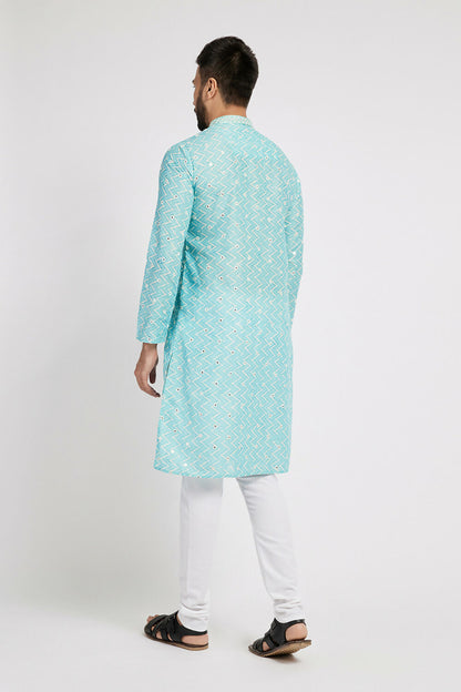 Ethnic India Blue Men's Kurta Embellished Polyester