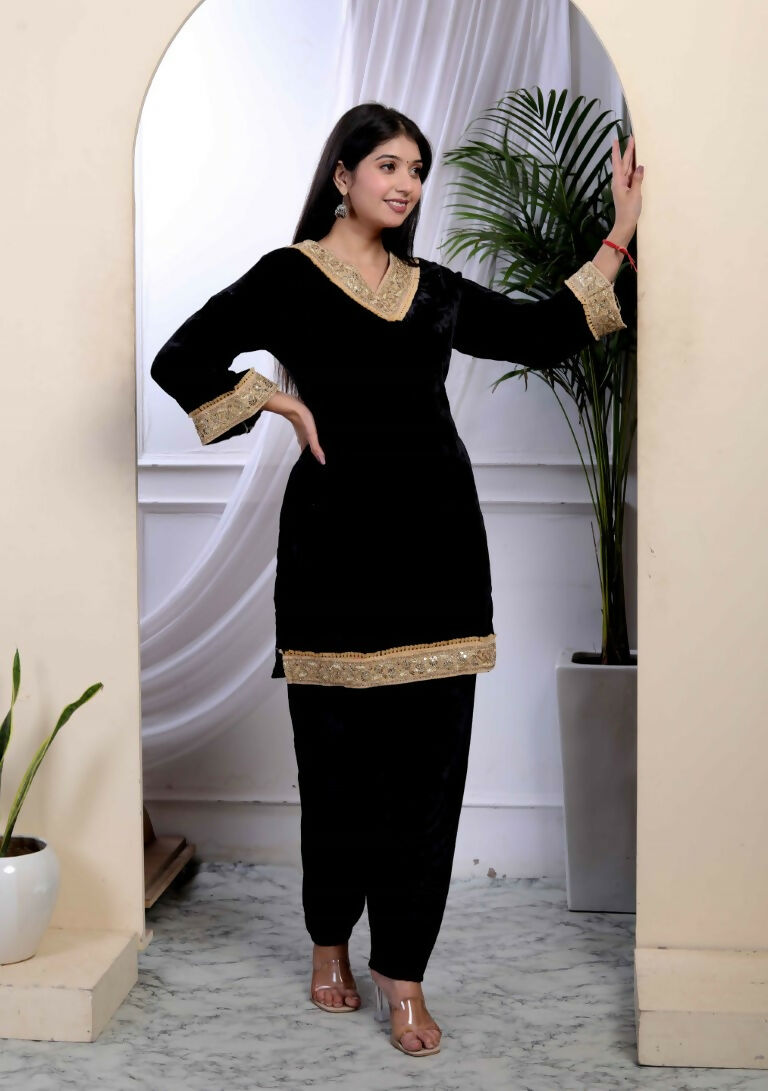 Miravan Women's Black Velvet Dreams Embroidered Co-ord Set