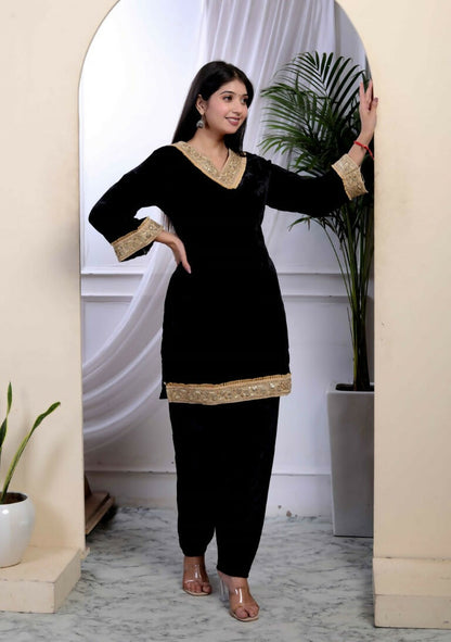 Miravan Women's Black Velvet Dreams Embroidered Co-ord Set