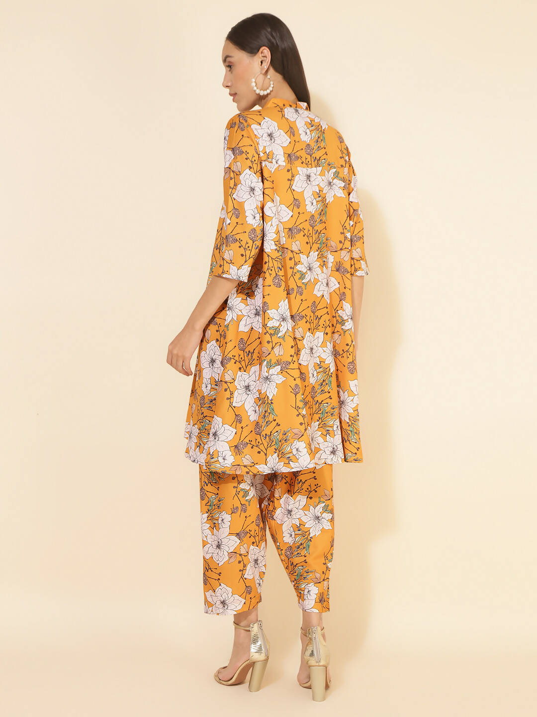 Janasya Women's Mustard Moss Digital Floral Printed Casual A-line Co-ords