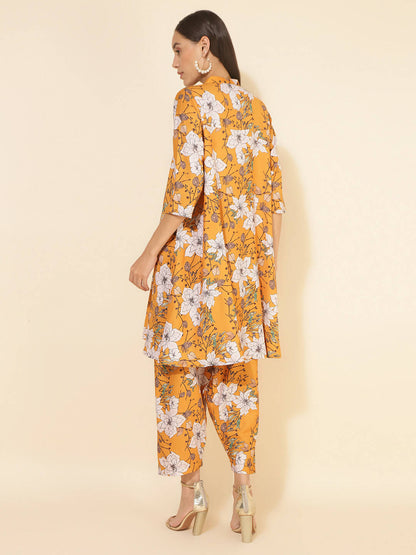 Janasya Women's Mustard Moss Digital Floral Printed Casual A-line Co-ords