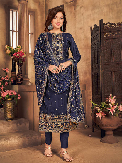 Myra Navy Blue Upada Embroidered Pant Style Suit