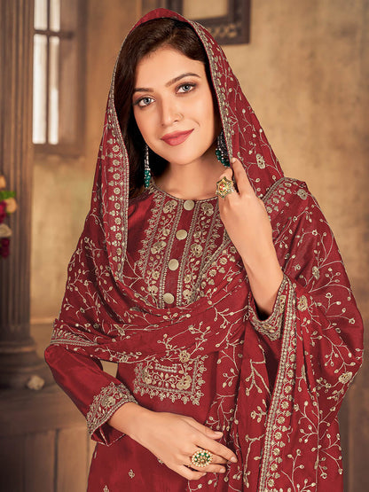 Myra Red Upada Embroidered Pant Style Suit