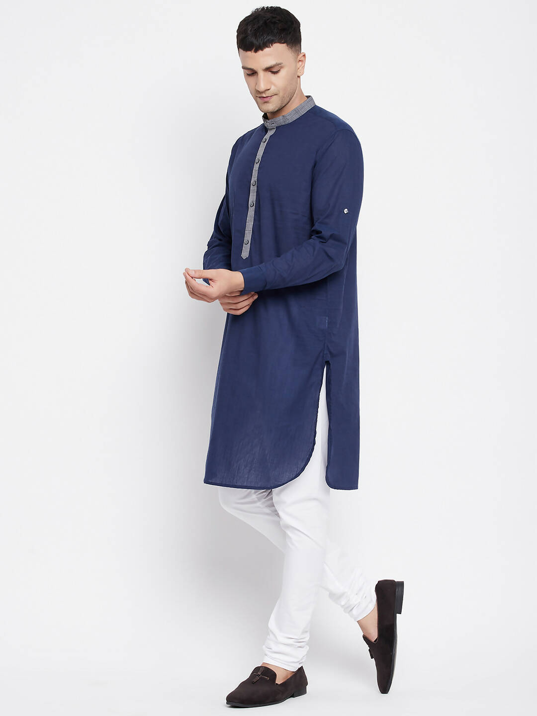 Even Apparels Blue Pure Cotton Men's Kurta With Contrast Collar And Placket