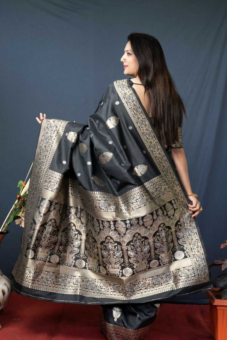 Jyoti Fashion Women's Black Paithani Silk Zari Woven Saree with Blouse