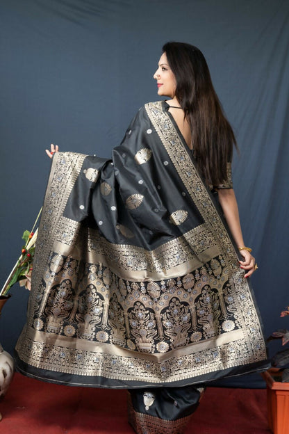Jyoti Fashion Women's Black Paithani Silk Zari Woven Saree with Blouse