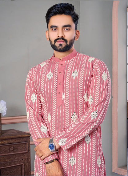 Prazu Fashion Baby Pink Linen Embroidered Kurta