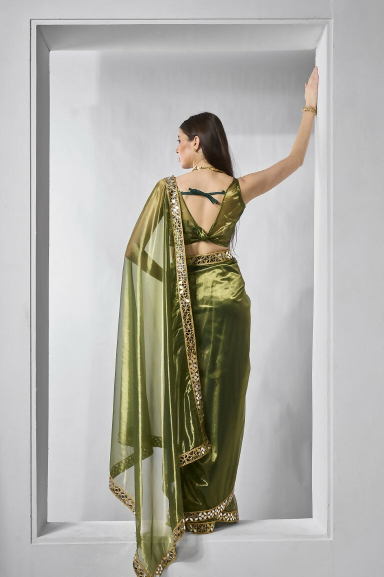 Green Gold Tissue Net Solid & Gold Cotted Saree - Samaa