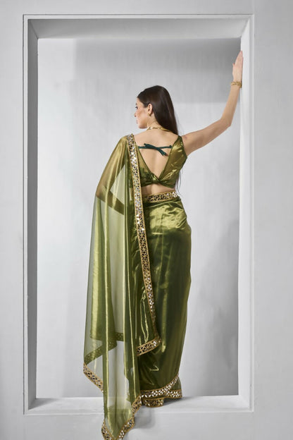 Green Gold Tissue Net Solid & Gold Cotted Saree - Samaa