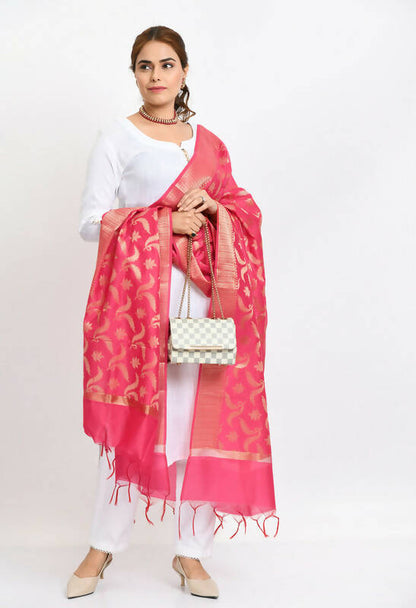 Mominos Fashion Moeza Women's Banarsi Silk Floral Woven Design Pink Dupatta