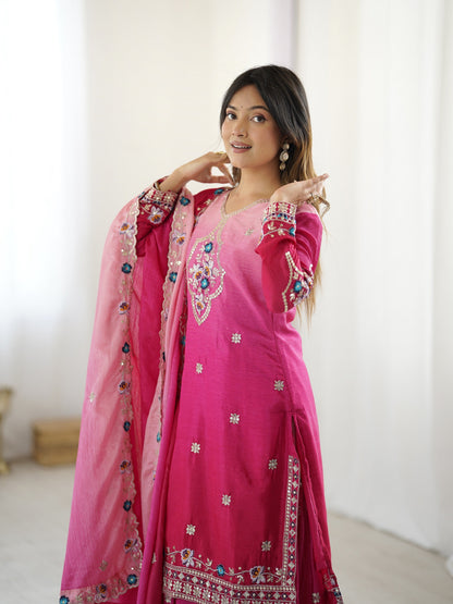 Lehenga Mart Designer Chinon Sharara Suit Dupatta for Women - pink