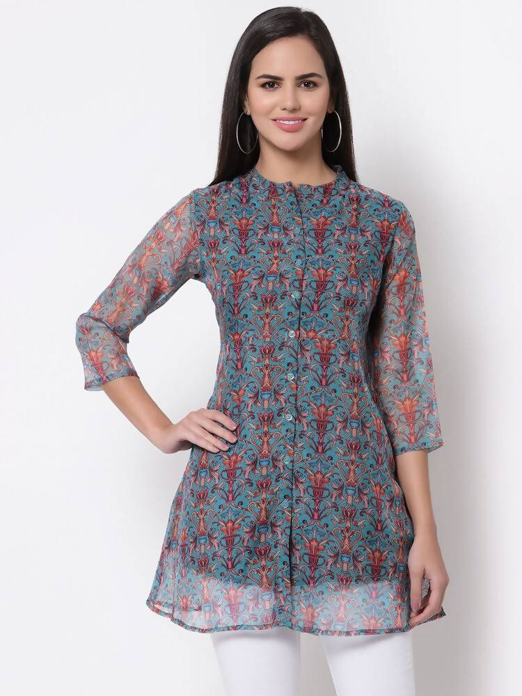 Myshka Women's Beautiful Organza Printed 3/4 Sleeve Round Neck Casual Multicolor Tunic