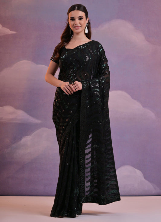 Vegaa Fashion Black Soft Georgette Leriya Sequence Work Saree