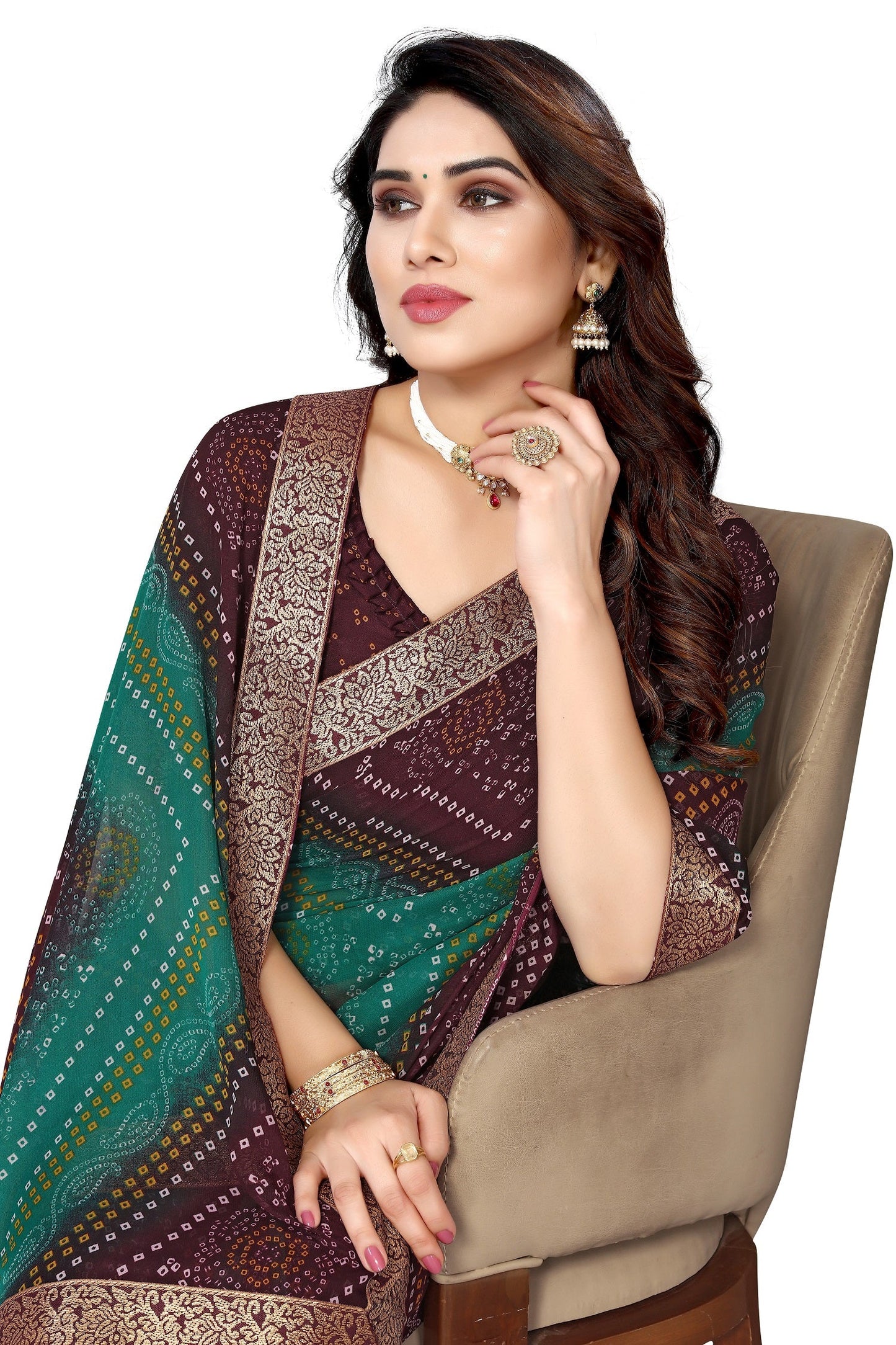 Vamika Brown Georgette Printed With Lace Saree