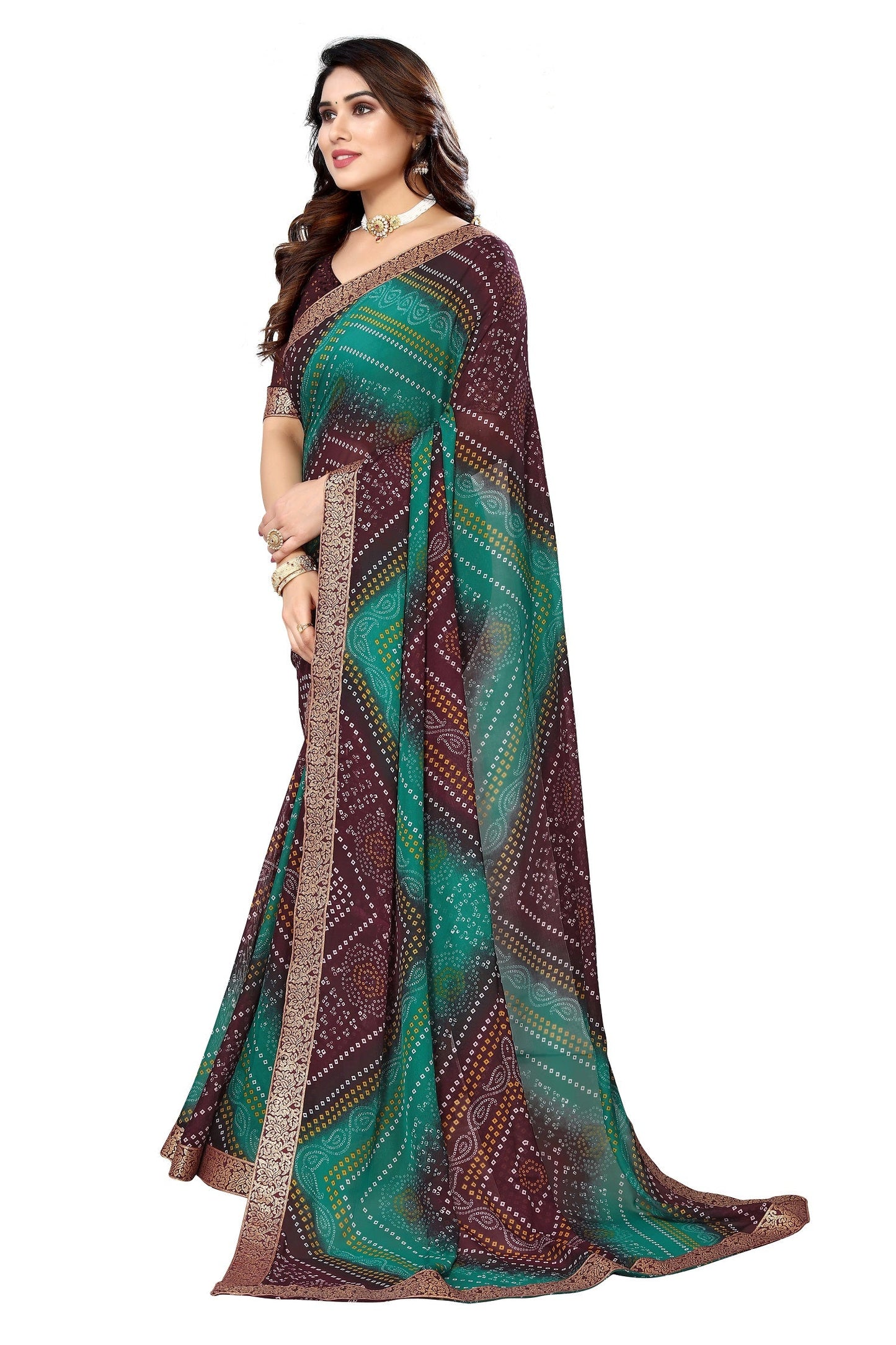 Vamika Brown Georgette Printed With Lace Saree