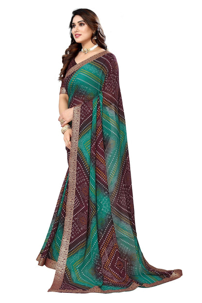 Vamika Brown Georgette Printed With Lace Saree