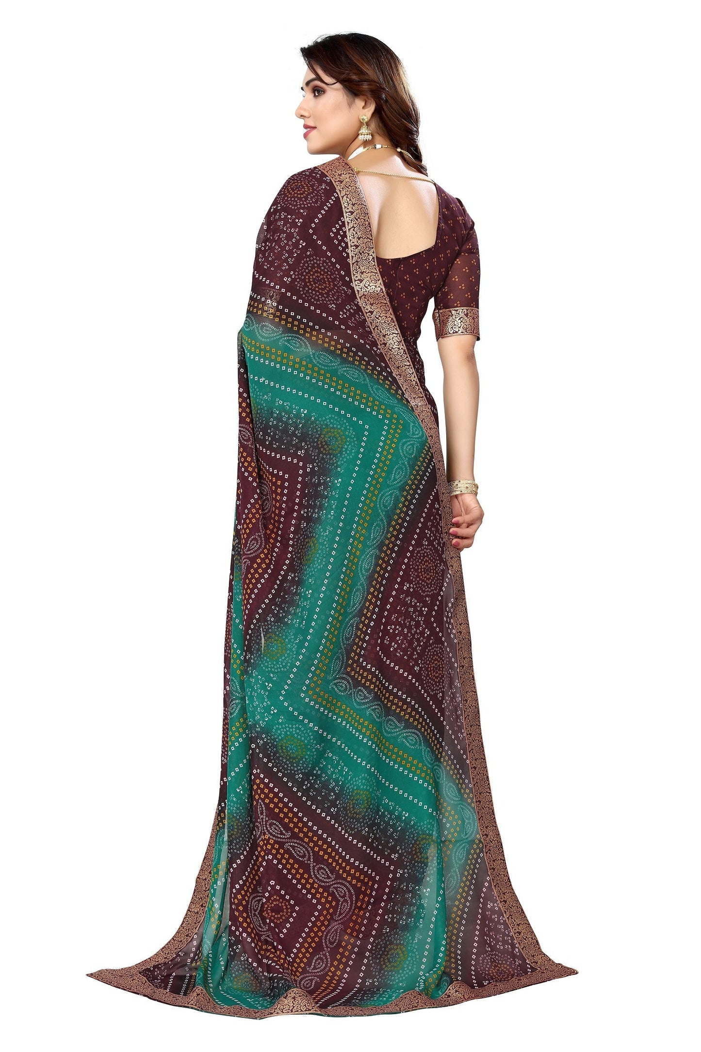 Vamika Brown Georgette Printed With Lace Saree
