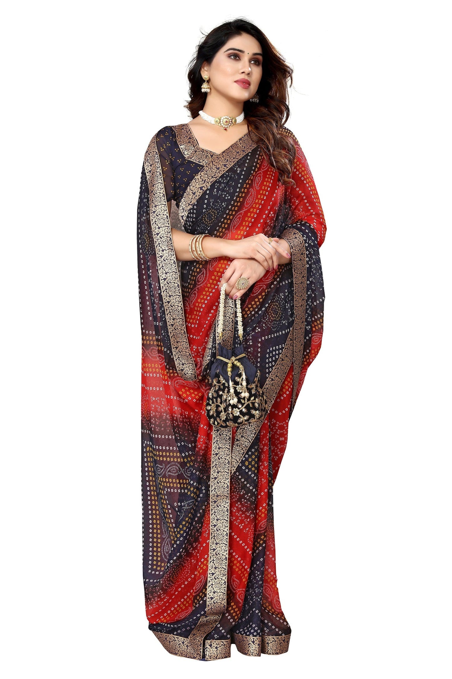 Vamika Navy Georgette Printed With Lace Saree