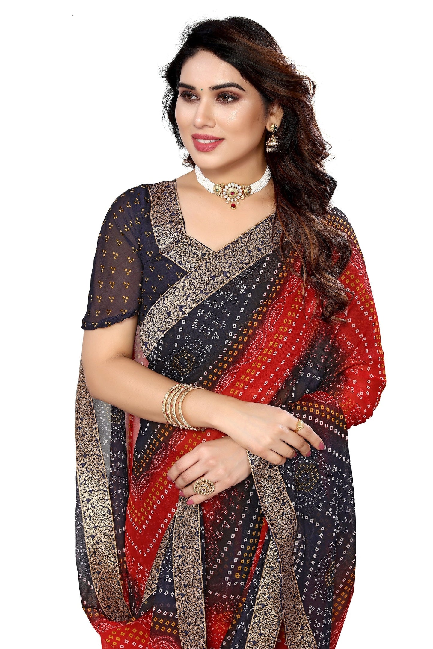 Vamika Navy Georgette Printed With Lace Saree