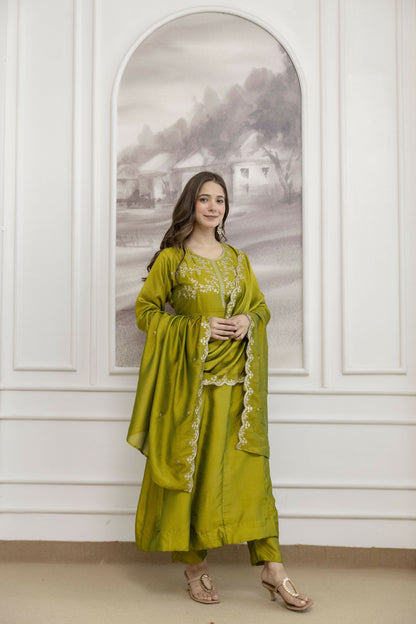 The52 Light Green Women's Beautiful Vichitra Silk Fabric Embroidered Work Flared Anarkali Pant and Dupatta Set
