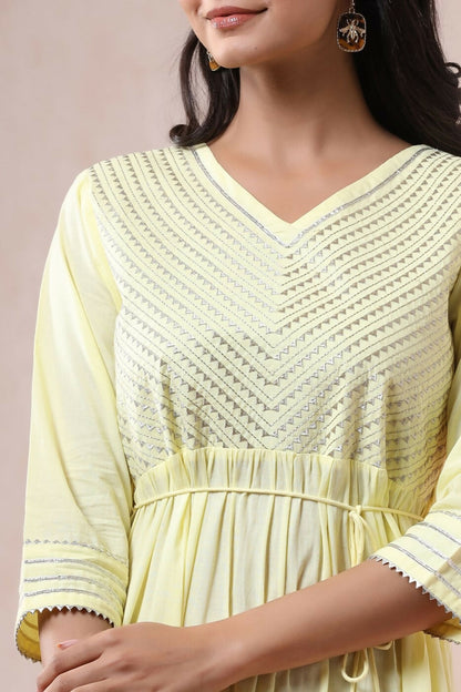 Juniper Yellow Solid Pure Cotton Solid Tiered Maxi Dress With Gota Work Dori Tie-Up & Cushioned Tassels At Waist