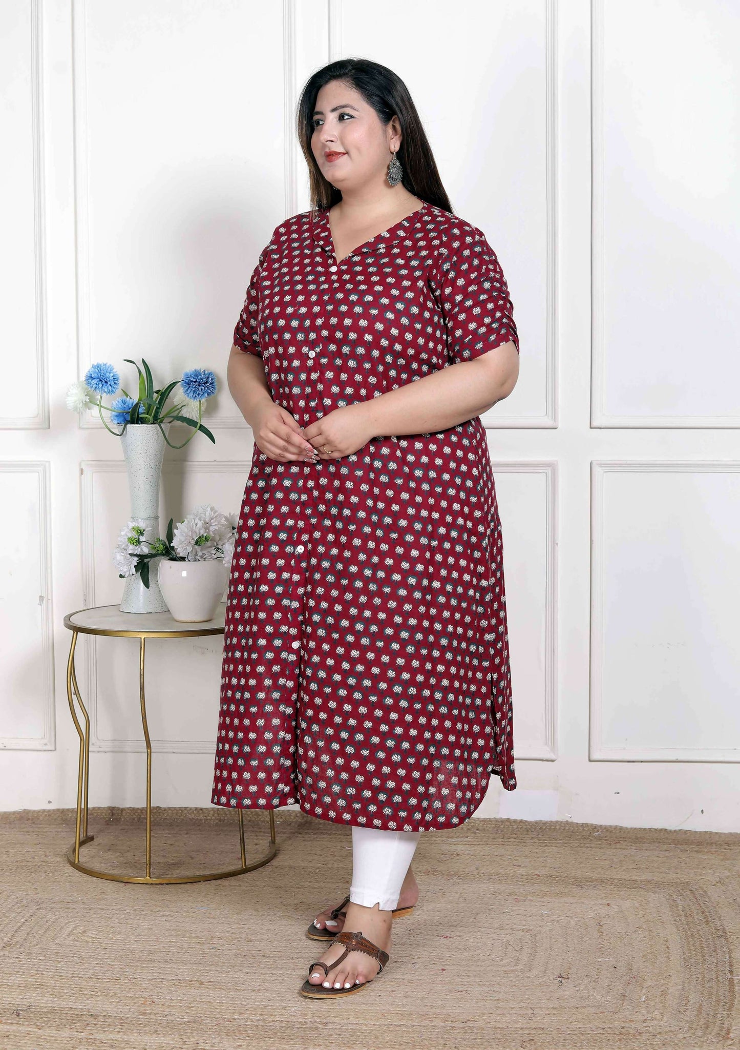 Miravan Women's Plus Size Relaxed Fit Red Floral Printed A-Line Pure Cotton Kurta
